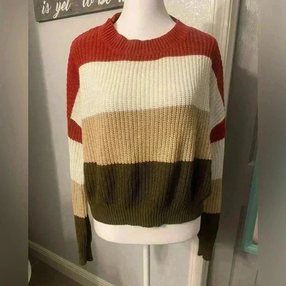 Ambiance Apparel women’s cropped long sleeve sweater in rust beige tan green SM - Picture 2 of 7
